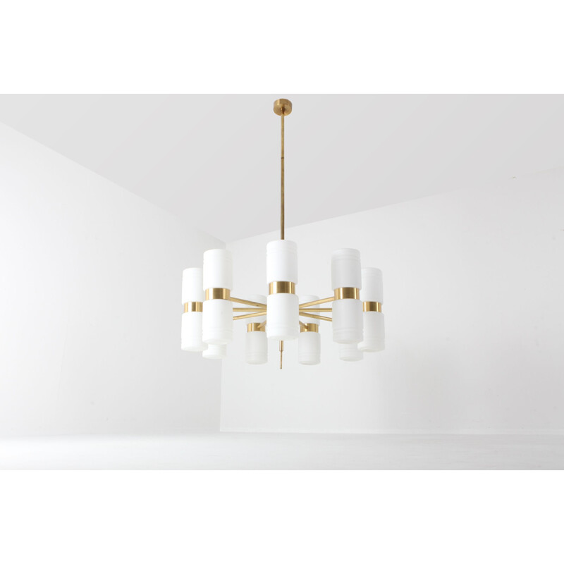 Vintage Hans-Agne Jakobsson brass and milky opaline glass chandelier