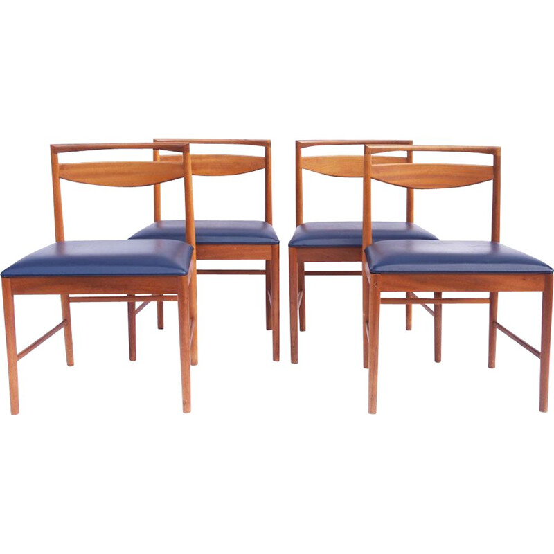 Ensemble de 4 chaises vintage en teck et skaï bleu 1960