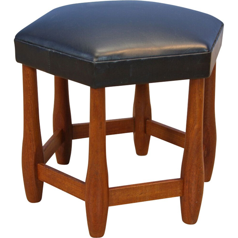 Vintage foostool in teak and black leatherette