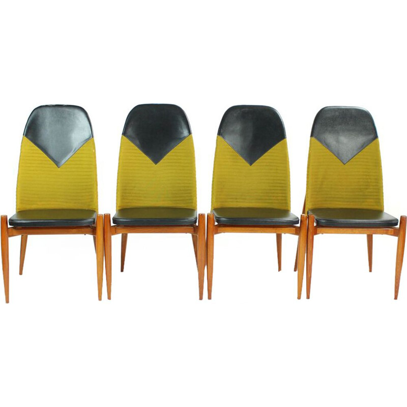 Set of 4 vintage chairs in teak and yellow fabric 1970