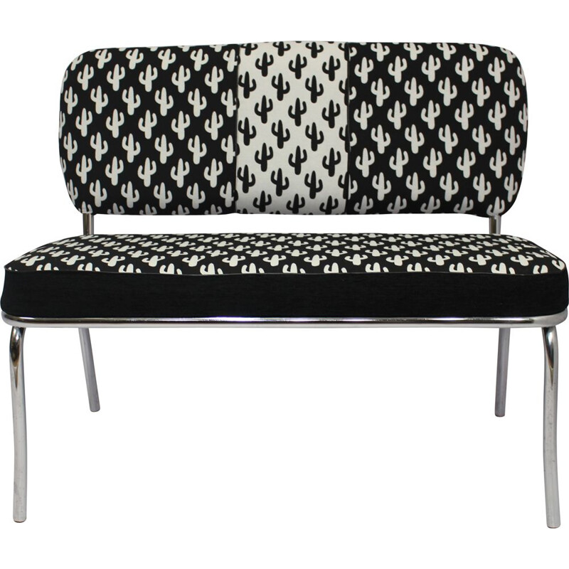 Vintage seat in steel and fabric black and white 1950