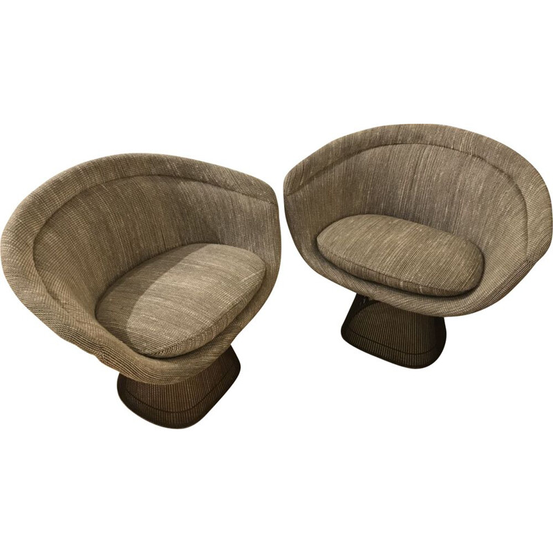 Pair of vintage armchairs by Warren Platner in gray cotton 1960