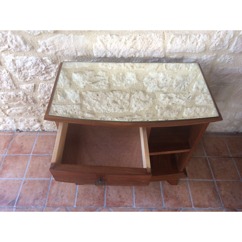 Vintage walnut nightstand with mirrored top