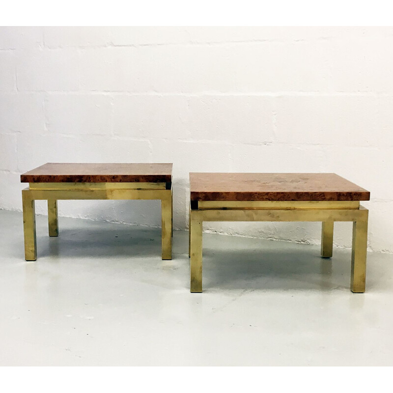 Set of 2 vintage burr walnut and brass side tables by Guy Lefevre for Maison Jansen