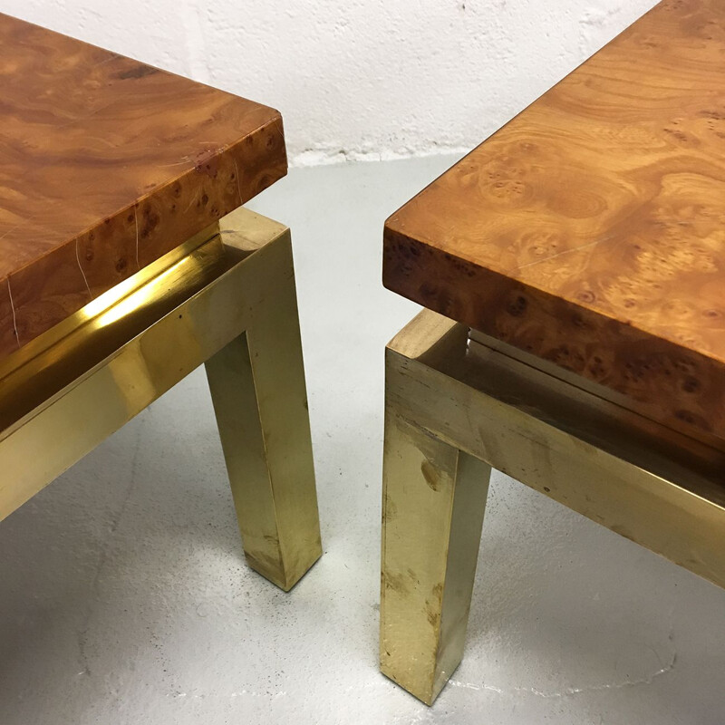 Set of 2 vintage burr walnut and brass side tables by Guy Lefevre for Maison Jansen