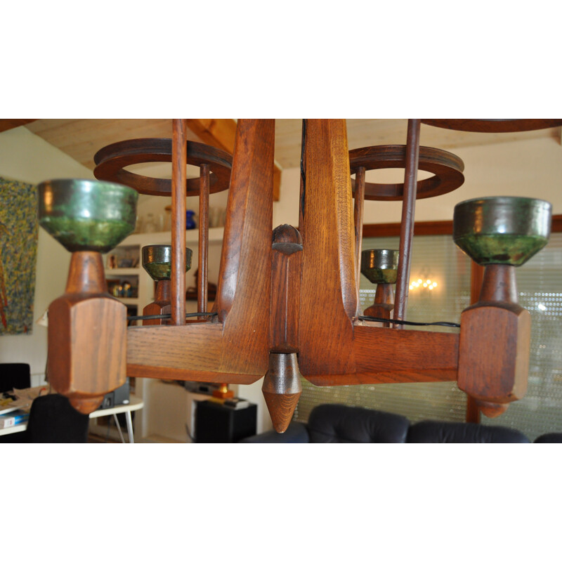Chandelier in blond oakwood and green ceramic, Robert GUILLERME & Jacques CHAMBRON - 1960s