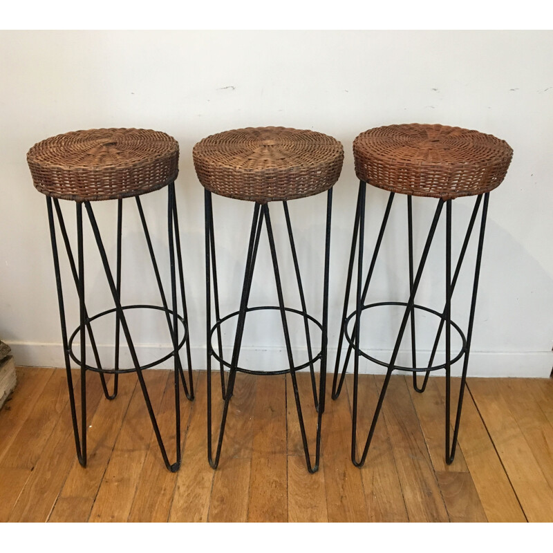 Suite de 3 tabourets vintage en osier tressé