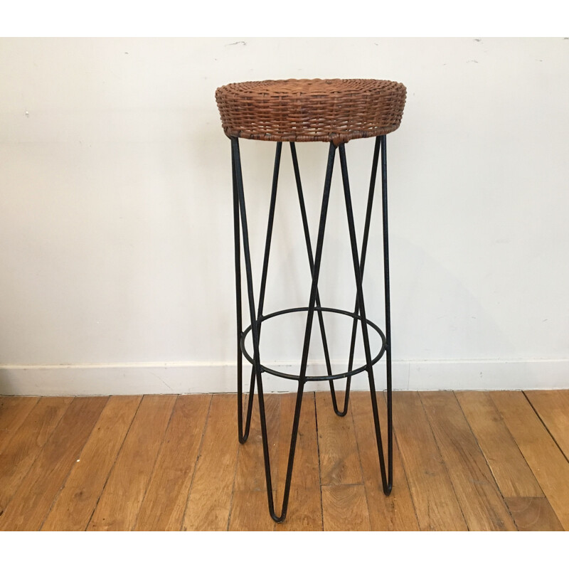 Set of 3 vintage braided wicker stools
