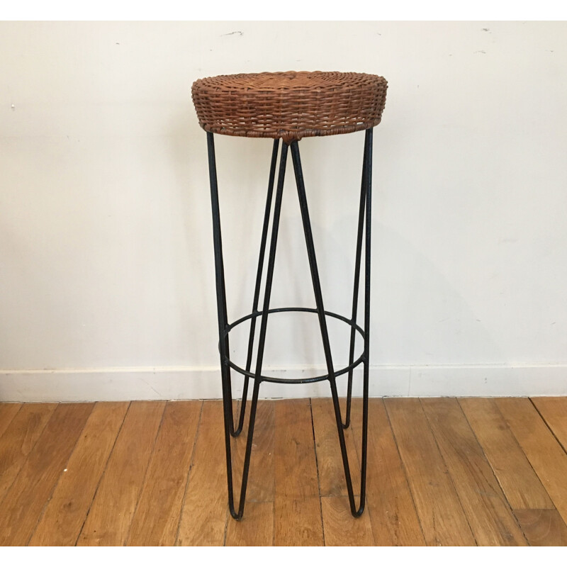 Set of 3 vintage braided wicker stools