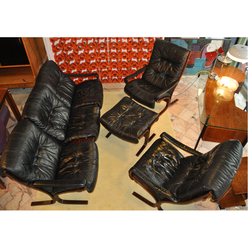 Set of living room in black leather and wood, Ingmar RELLING - 1960s