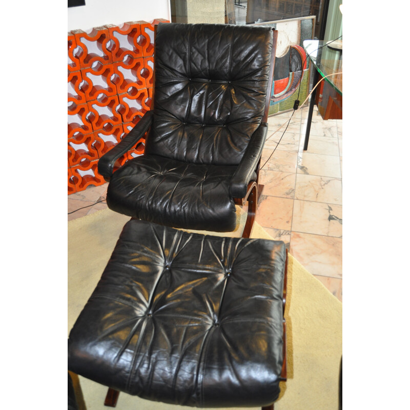 Set of living room in black leather and wood, Ingmar RELLING - 1960s