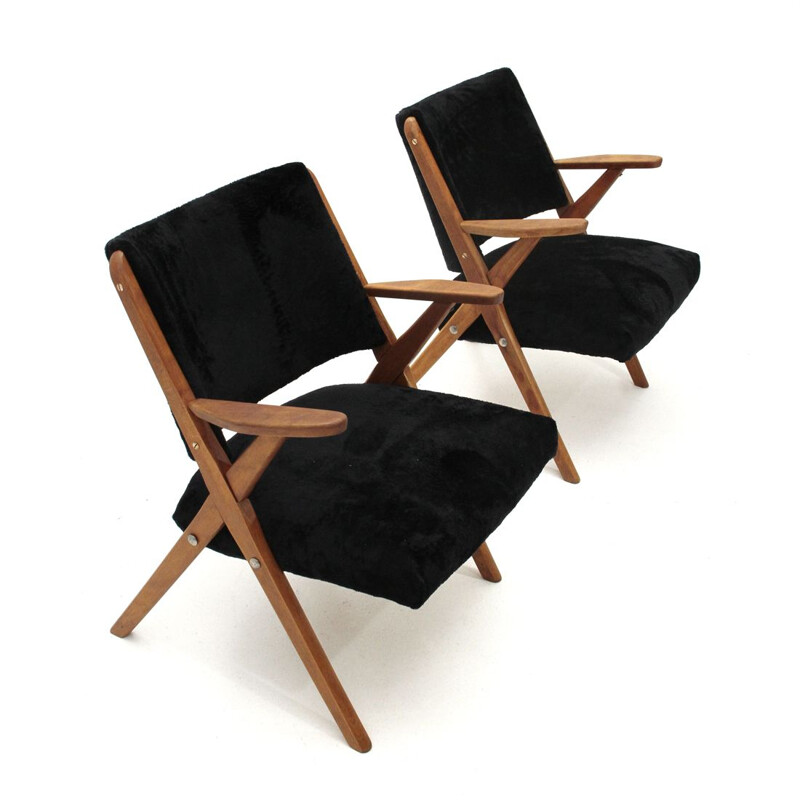 Suite of 2 Italian vintage armchairs in black velvet by Dal Vera