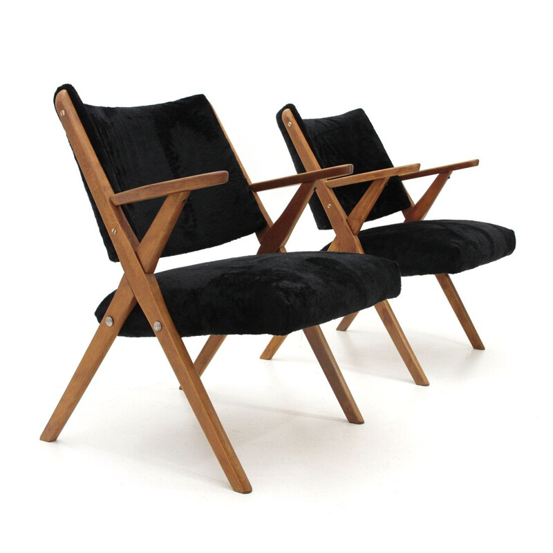 Suite de 2 fauteuils vintage italiens en velours noir par Dal Vera