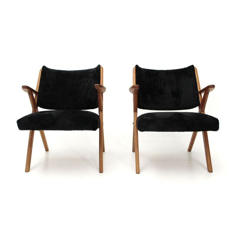 Suite of 2 Italian vintage armchairs in black velvet by Dal Vera