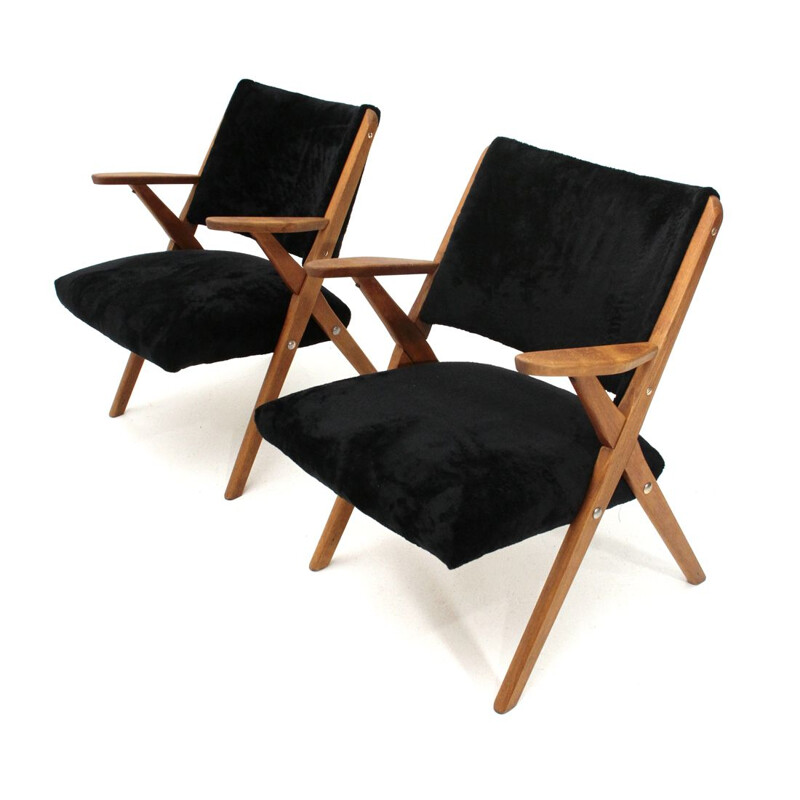 Suite of 2 Italian vintage armchairs in black velvet by Dal Vera