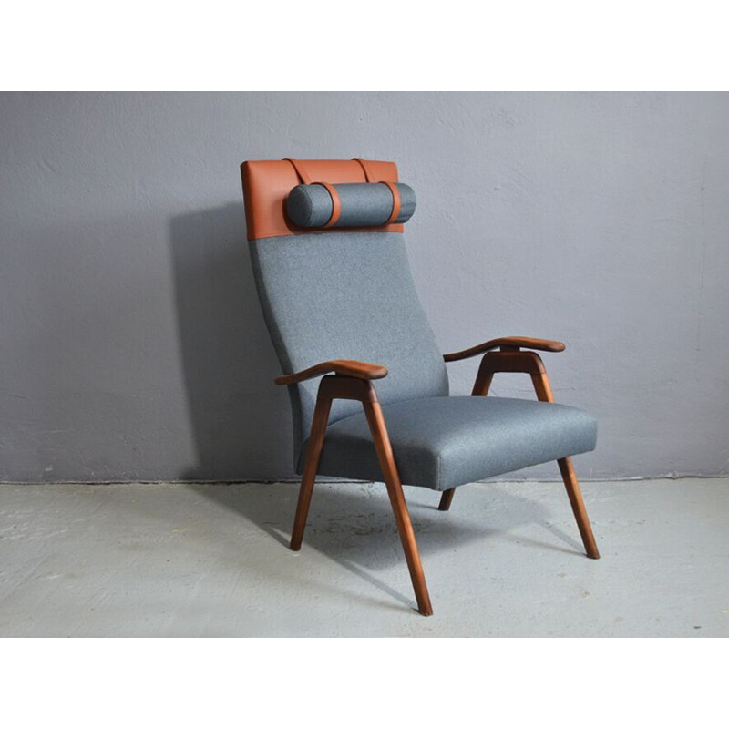 fauteuil Vintage en teck, cuir et tissu gris