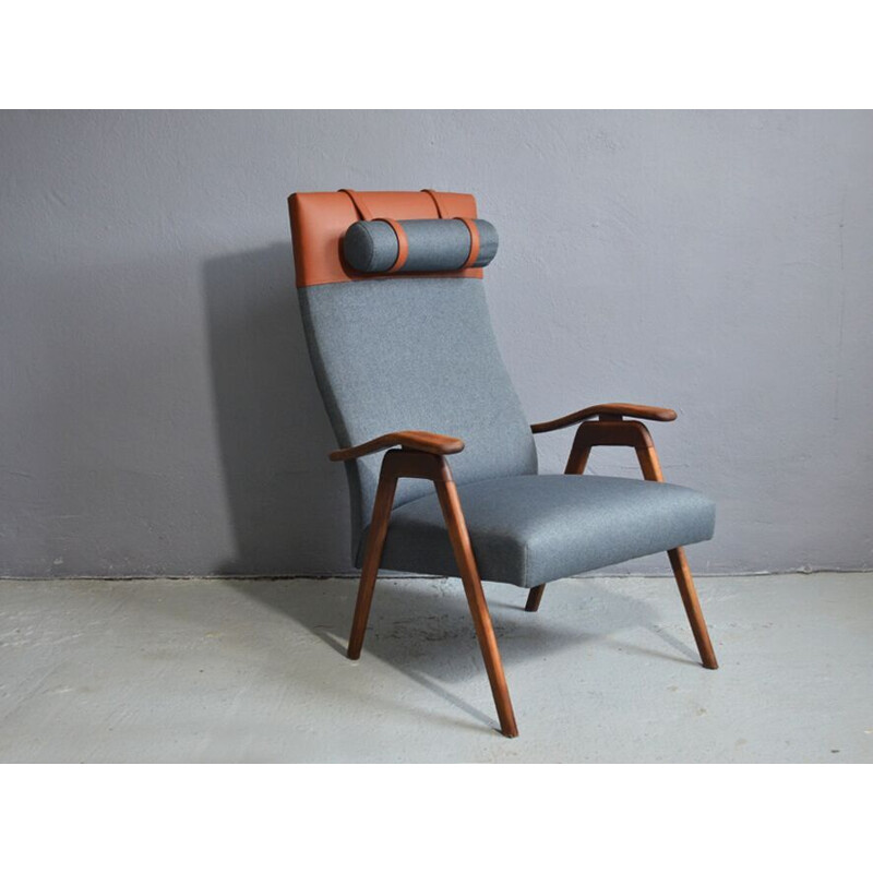 Vintage teak armchair in leather and grey fabric