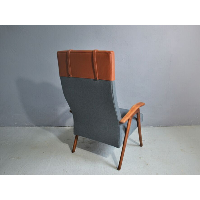 fauteuil Vintage en teck, cuir et tissu gris