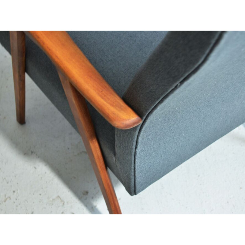 Vintage teak armchair in leather and grey fabric