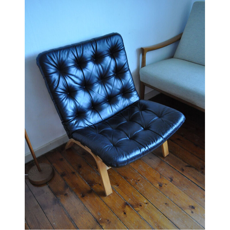 Danish armchair in beech and black leather