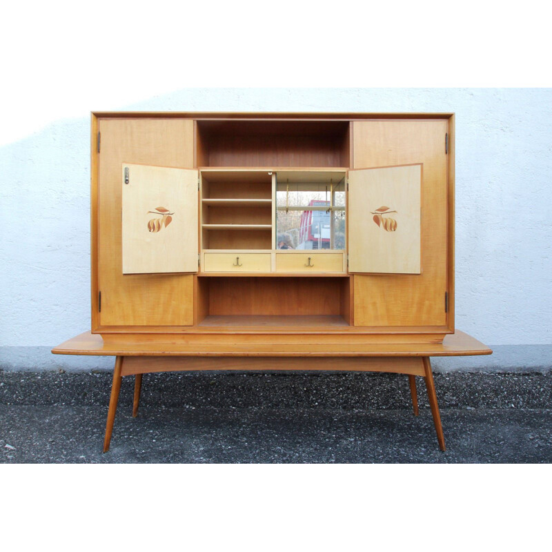 Vintage highboard with bar case in cherrywood 1950