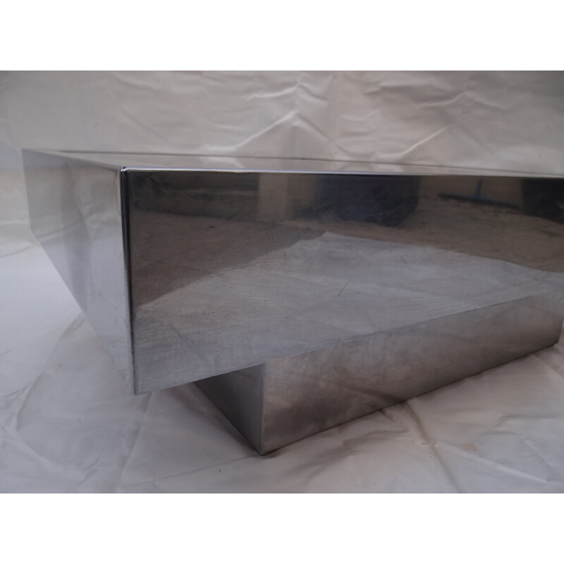 French vintage coffee table with bar in glass and metal 1970