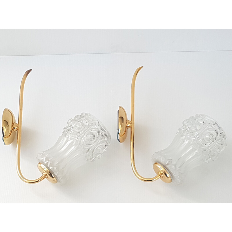 Pair of vintage sconces for Amilux in glass and brass 1950