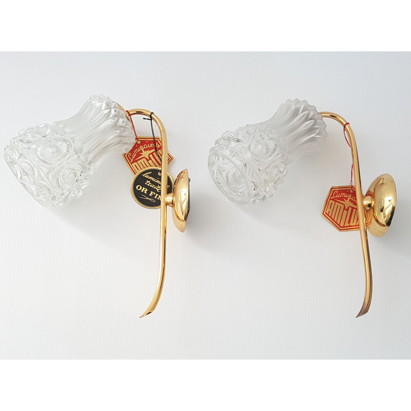 Pair of vintage sconces for Amilux in glass and brass 1950
