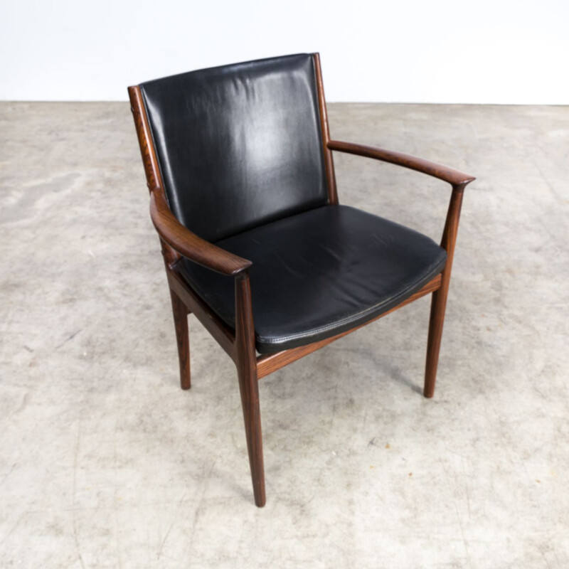 Set of 2 vintage armchairs for Vejen in black leather and rosewood