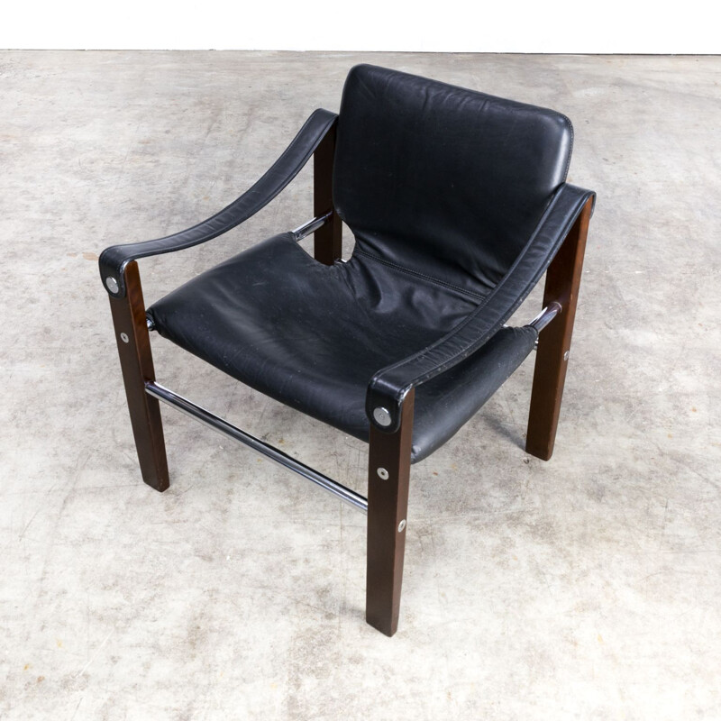 Vintage Safari armchair for Arkana in teak and black leather 1980