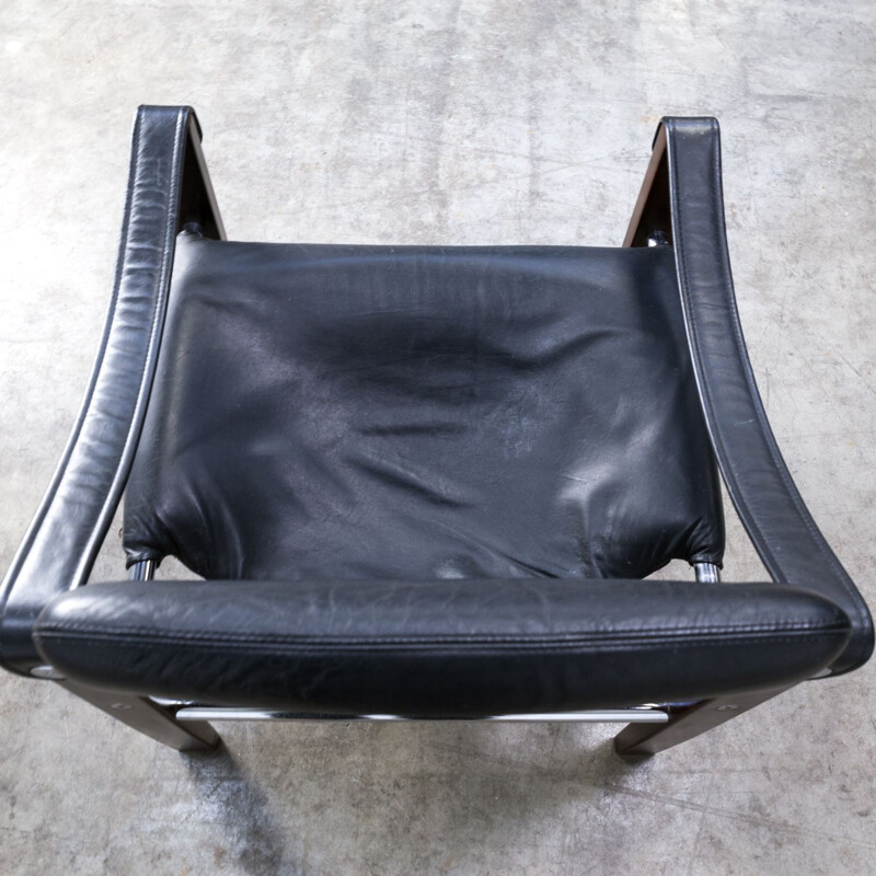 Vintage Safari armchair for Arkana in teak and black leather 1980