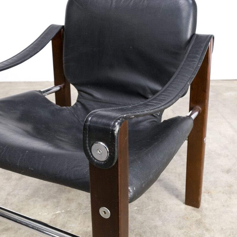 Vintage Safari armchair for Arkana in teak and black leather 1980