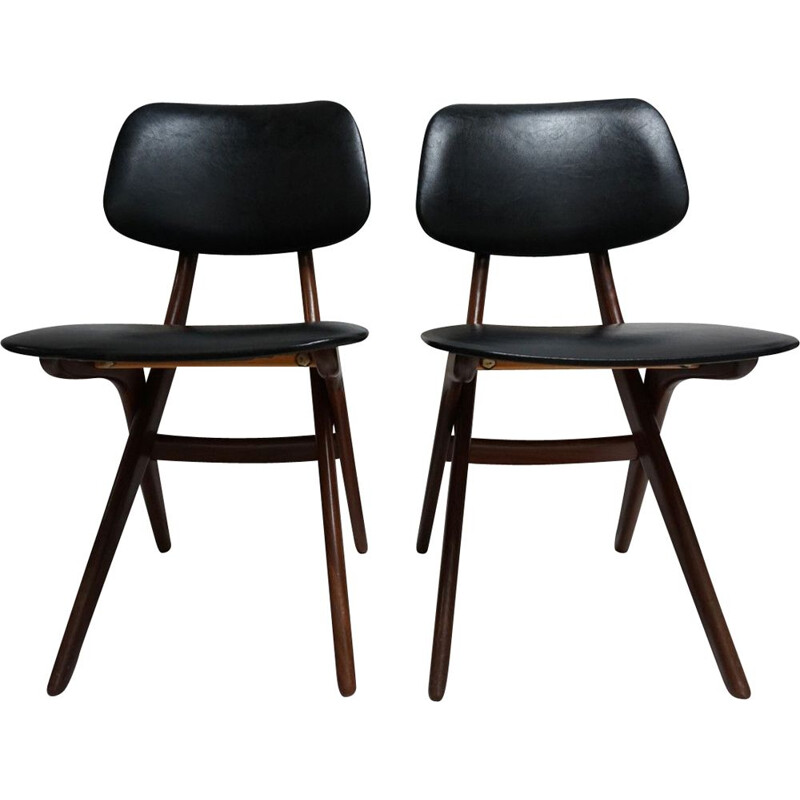 Set of 2 vintage chairs for Webé in teak and black leatherette 1950