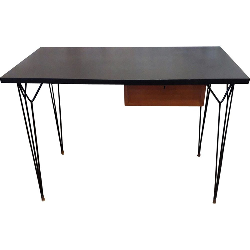 Vintage black desk in wood and metal 1950