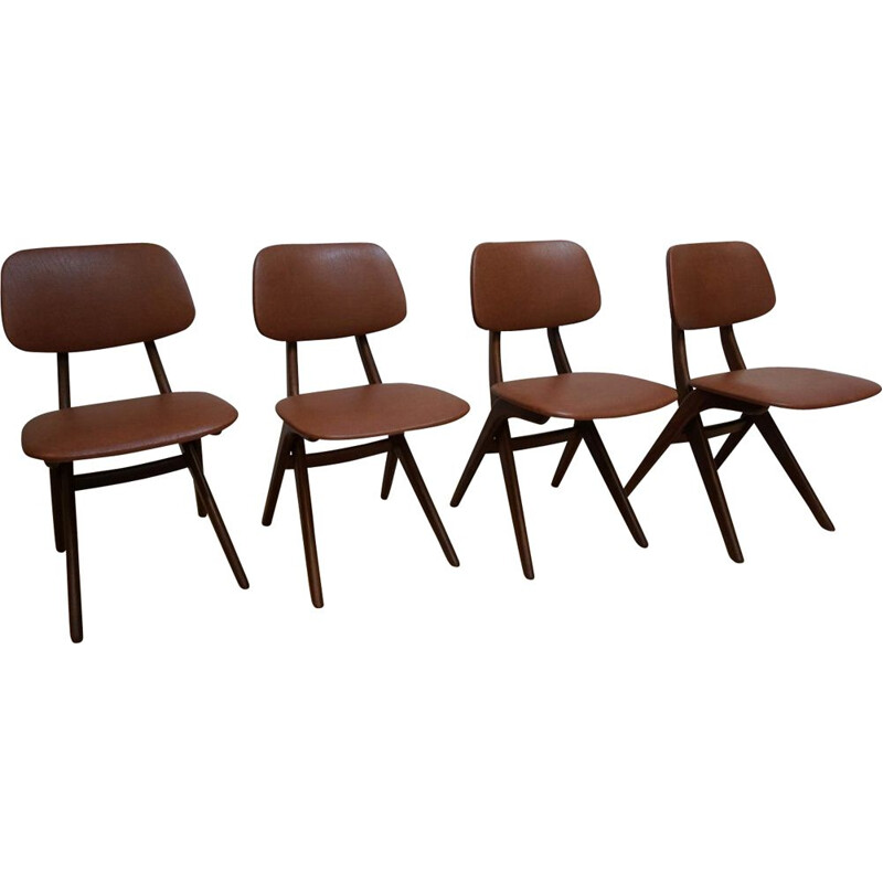 Set of 4 vintage dutch chairs for Wébé in teak and brown leatherette 1950