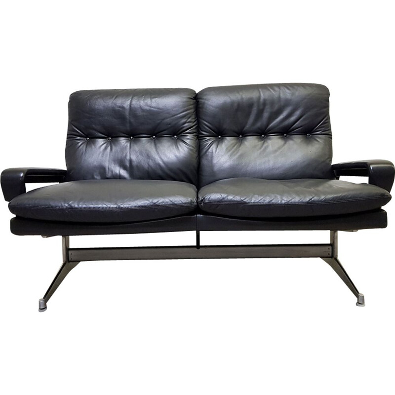 Vintage King sofa for Strässle International in black leather and aluminium