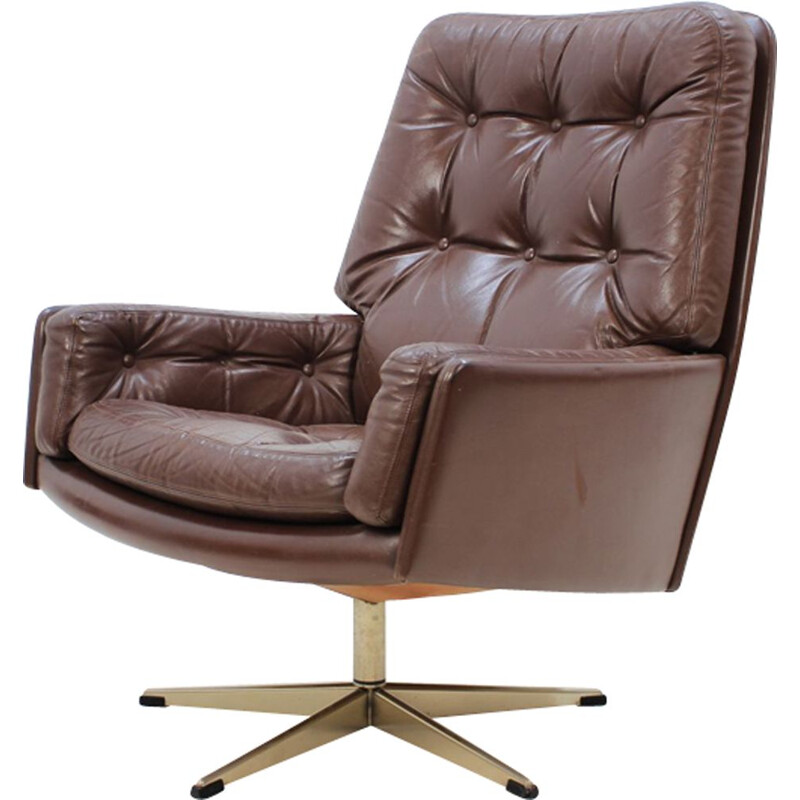 Fauteuil danois pivotant en cuir marron