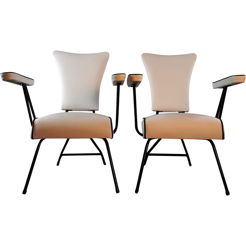 Pair of vintage french chairs in white leather and metal 1950