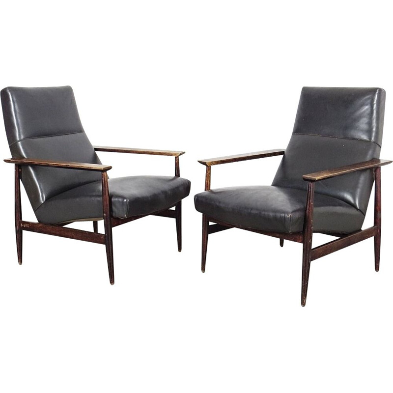 Set of 2 vintage leather armchairs in black leather and wood 1970