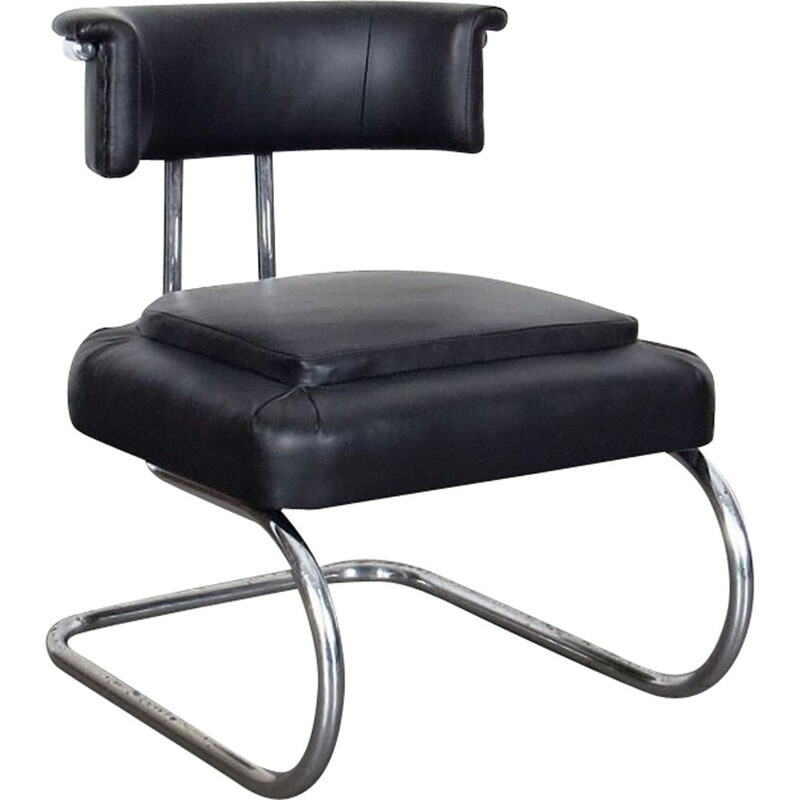 Vintage small tubular armchair in black leather and metal 1930