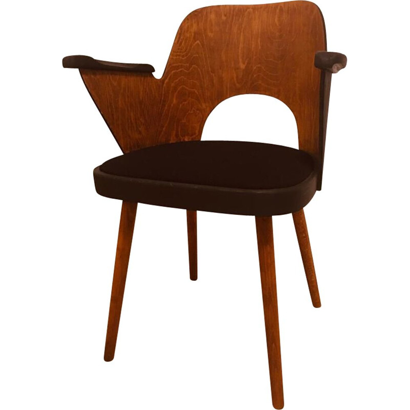 Vintage armchair for TON in brown fabric and walnut 1950