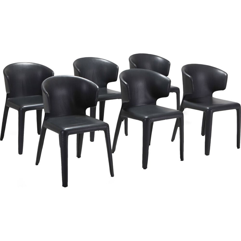 Set of 6 vintage 367 Hola chairs for Cassina in black leather