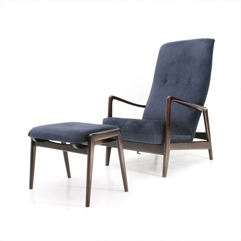 Vintage armchair and footrest for Cassina in blue fabric and wood