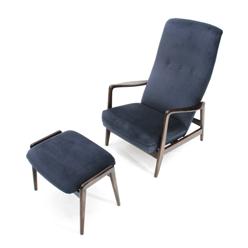 Vintage armchair and footrest for Cassina in blue fabric and wood