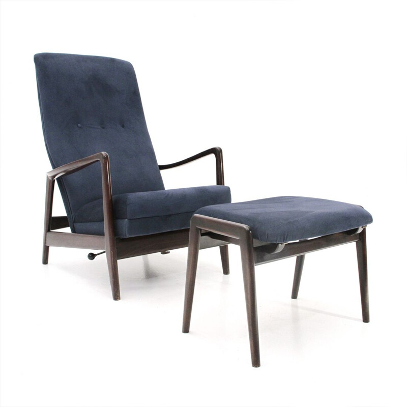 Vintage armchair and footrest for Cassina in blue fabric and wood