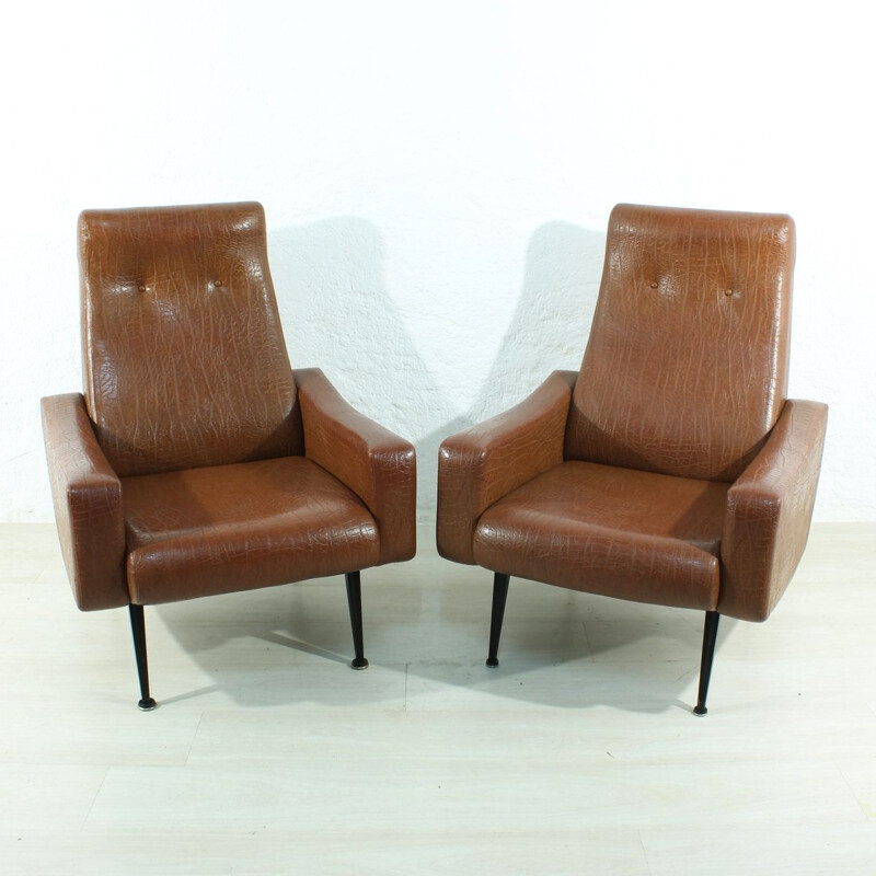 Set of 2 vintage german armchairs in brown leatherette and wood