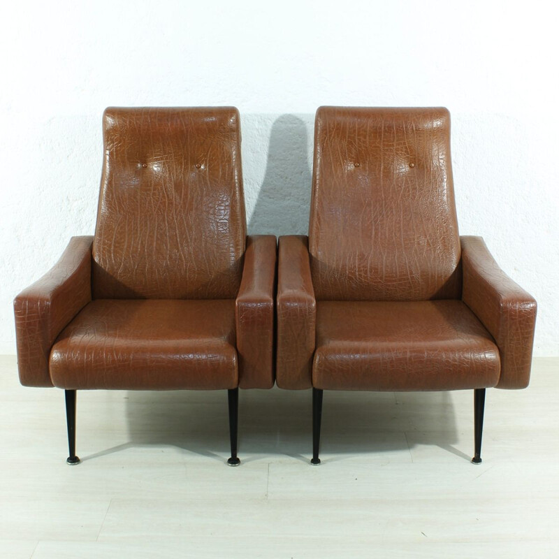 Set of 2 vintage german armchairs in brown leatherette and wood