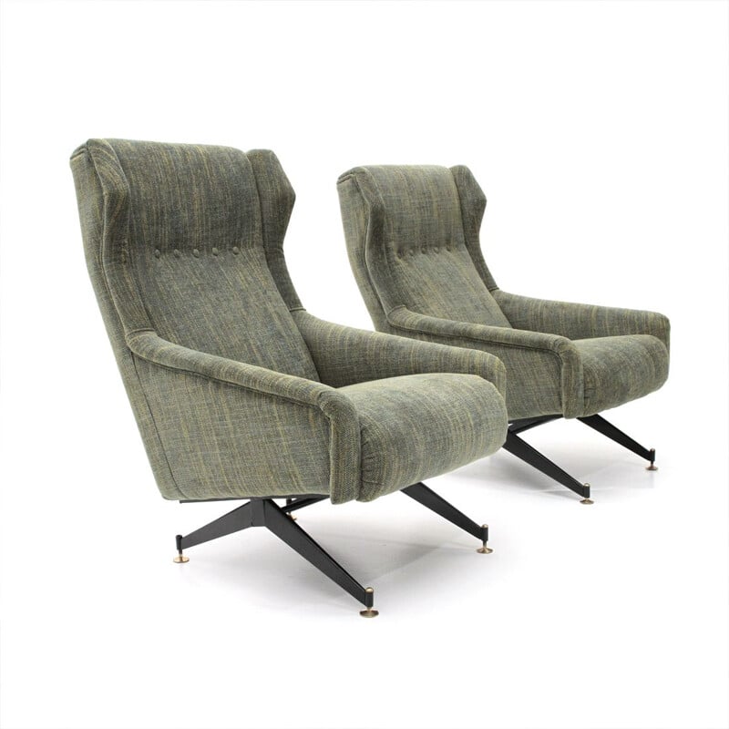 Ensemble de 2 fauteuils vintage italiens en tissu vert et bois 1950