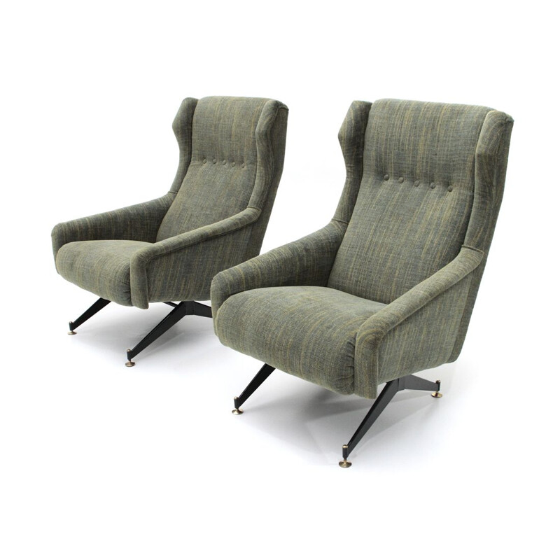 Set of 2 vintage italian armchairs in green fabric and wood 1950