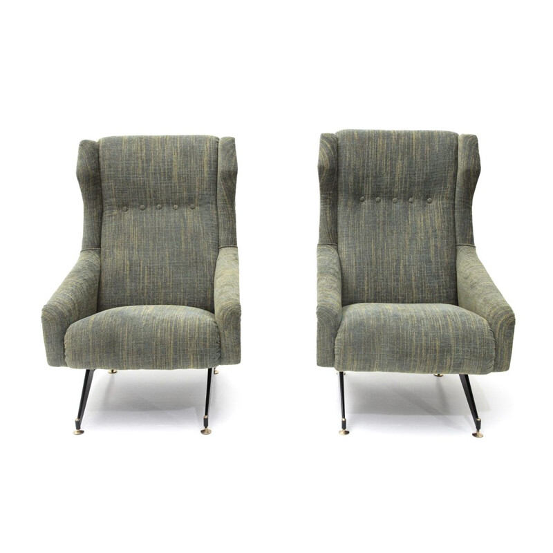 Set of 2 vintage italian armchairs in green fabric and wood 1950